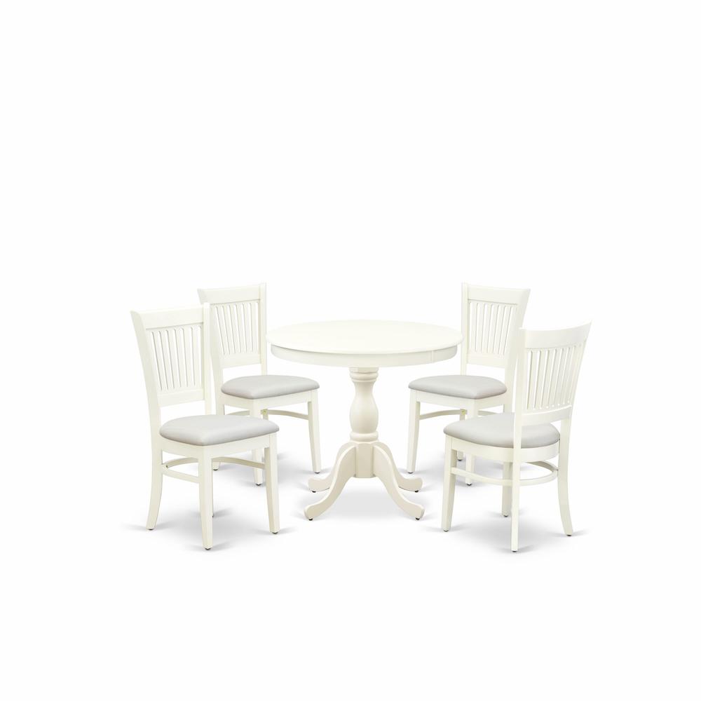 East West Furniture 5-Piece Dinette Room Set- 4 dining room chairs and Wooden Dining Table - Linen Fabric Seat and Slatted Chair Back (Linen White Finish). Picture 1
