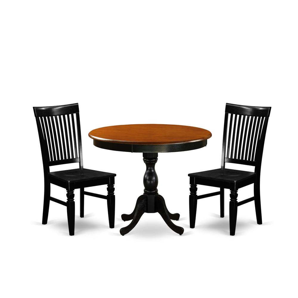 East West Furniture 3-Piece Dining Set Consist of Dinning Table and 2 Dining Chairs with Slatted Back - Black Finish. Picture 1