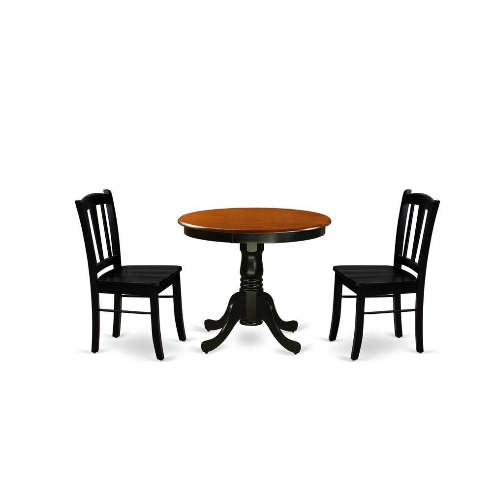 ANDL3-BLK-W - 3-Piece Dining Room Set- 2 Dining Chair and Modern Round Dining Table - Wooden Seat and Slatted Chair Back (Black Finish). Picture 1