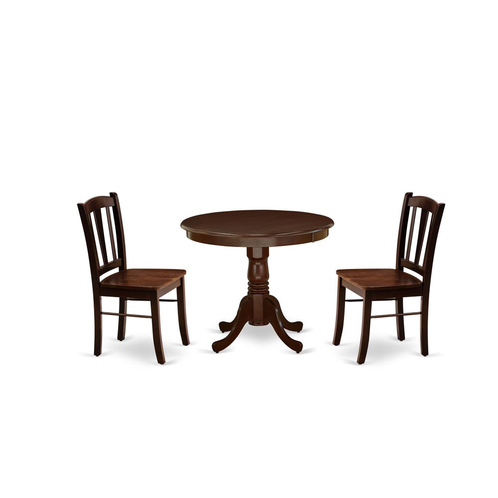 East West Furniture 3-Piece Dinette Room Set- 2 Dining Room Chair and Dining Room Table - Wooden Seat and Slatted Chair Back - Mahogany Finish. Picture 1