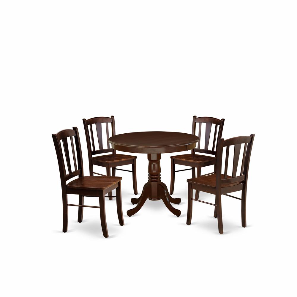 East West Furniture 5-Piece Dining Room Table Set- 4 Wooden Chairs and Kitchen Table - Wooden Seat and Slatted Chair Back - Mahogany Finish. Picture 1