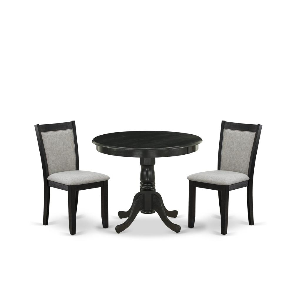 East West Furniture 3-Pc Dining Room Table Set Contains a Wooden Dining Table and 2 Shitake Linen Fabric Modern Dining Room Chairs - Wire Brushed Black Finish. Picture 1