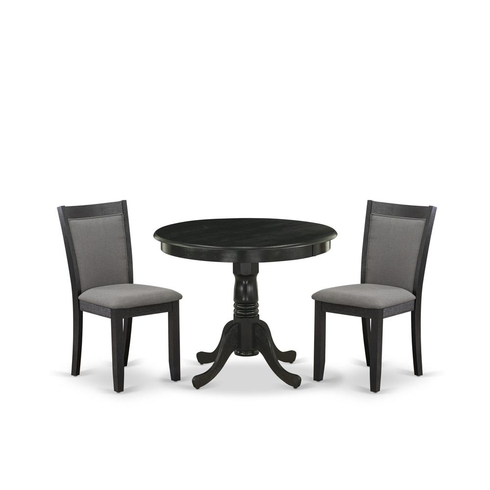 East West Furniture 3-Piece Dinette Room Set Consists of a Wooden Dining Table and 2 Dark Gotham Grey Linen Fabric Upholstered Dining Chairs - Wire Brushed Black Finish. Picture 1