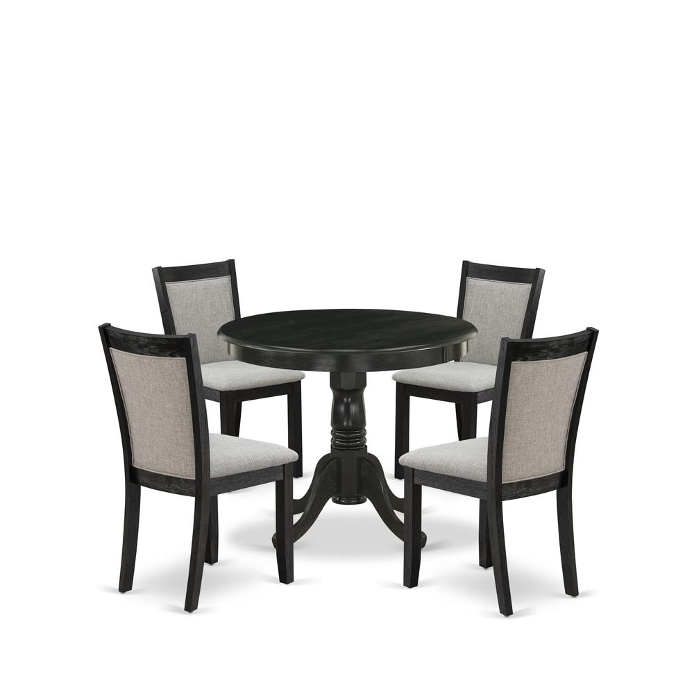 East West Furniture 5-Pc Dining Table Set Includes a Modern Dining Room Table and 4 Shitake Linen Fabric Dining Room Chairs - Wire Brushed Black Finish. Picture 1