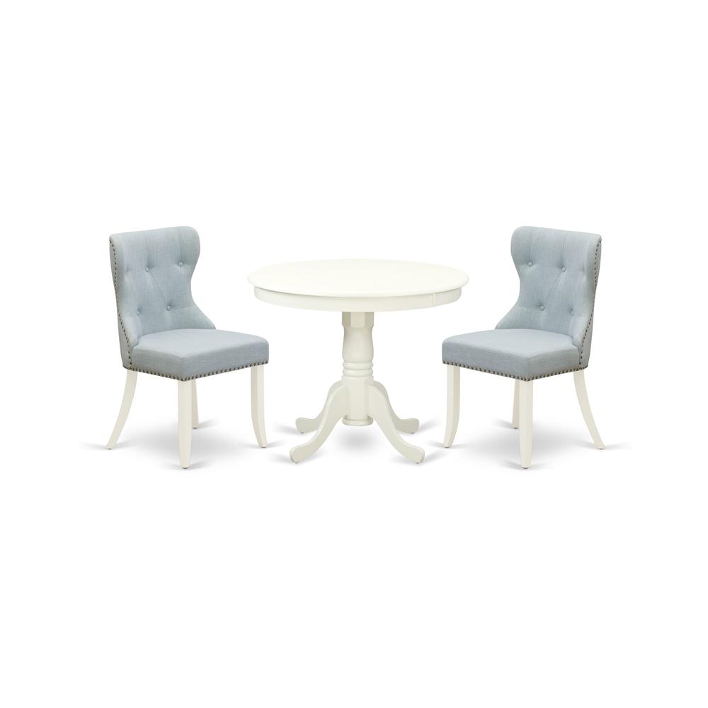 ANSI3-LWH-15 - A dining set of 2 fantastic indoor dining chairs with Linen Fabric Baby Blue color and a gorgeous 36-Inch Antique modern dining table with Linen White color. Picture 1
