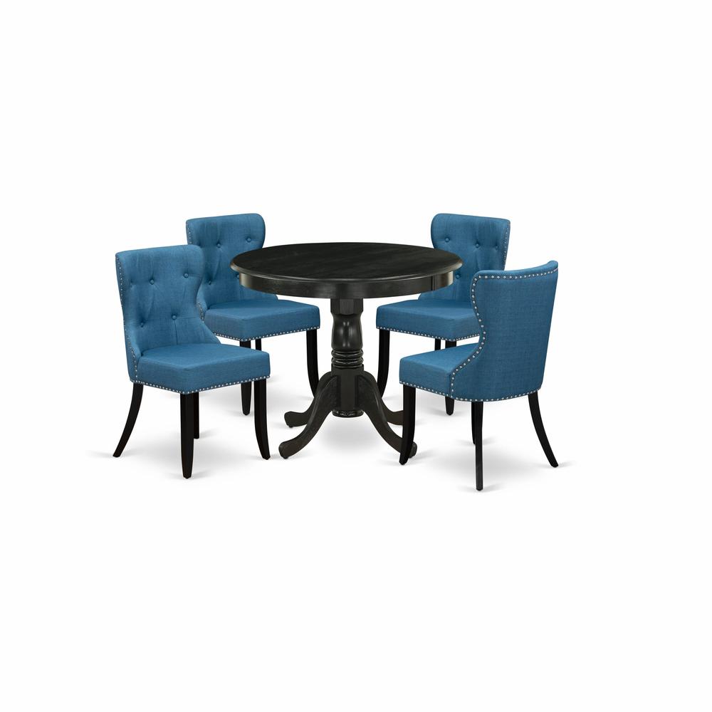 East West Furniture 5-Piece Kitchen Table Set-A Modern Dining Table and 4 Linen Fabric Dinning Chairs with High Back - Wire Brushed Black Finish. Picture 1