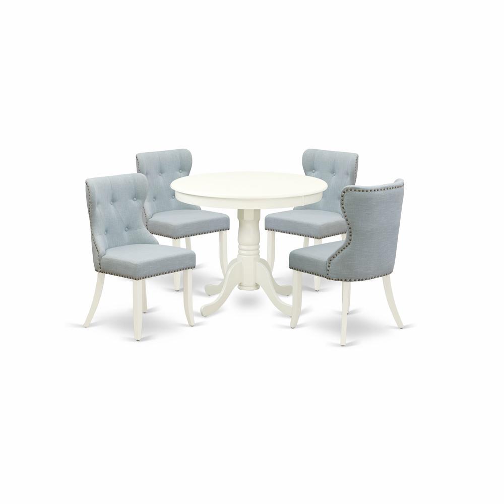 ANSI5-LWH-15 - A dining room table set of 4 wonderful indoor dining chairs with Linen Fabric Baby Blue color and a stunning 36-Inch Round dining table with Linen White color. Picture 1