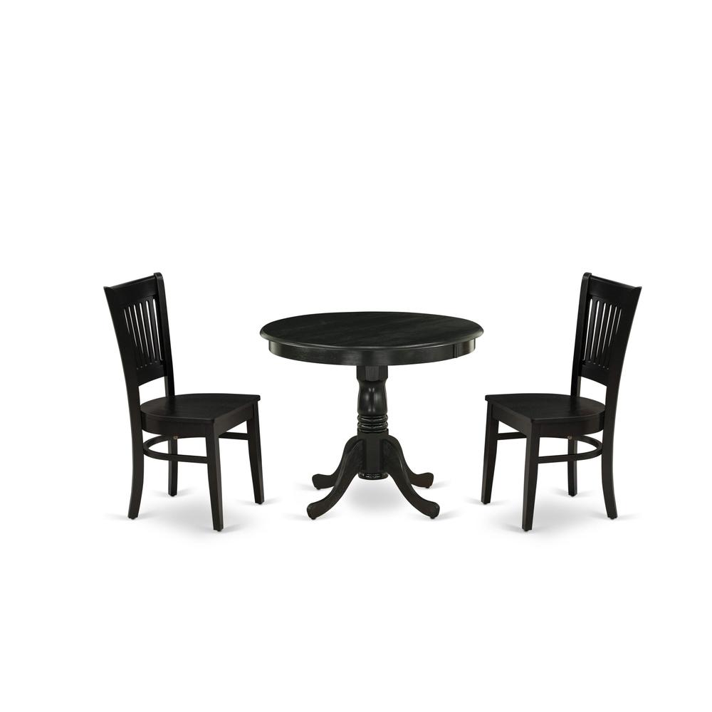 East West Furniture 3-Piece Dining Room Set- 2 Kitchen Chair and Modern dining room table - Wooden Seat and Slatted Chair Back (Black Finish). Picture 1