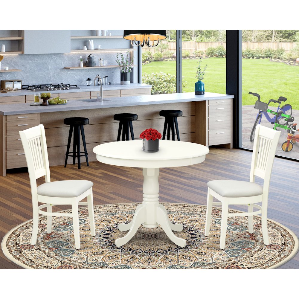 ANVA3-LWH-C - 3-Pc Dining Room Table Set- 2 Wooden Chairs and Round Dining Table - Linen Fabric Seat and Slatted Chair Back (Linen White Finish). Picture 8