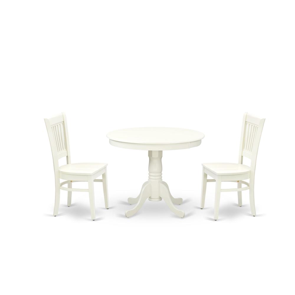 ANVA3-LWH-W - 3-Pc Kitchen Dining Table Set- 2 Modern dining room chairs and Dining Room Table - Wooden Seat and Slatted Chair Back (Linen White Finish). Picture 1