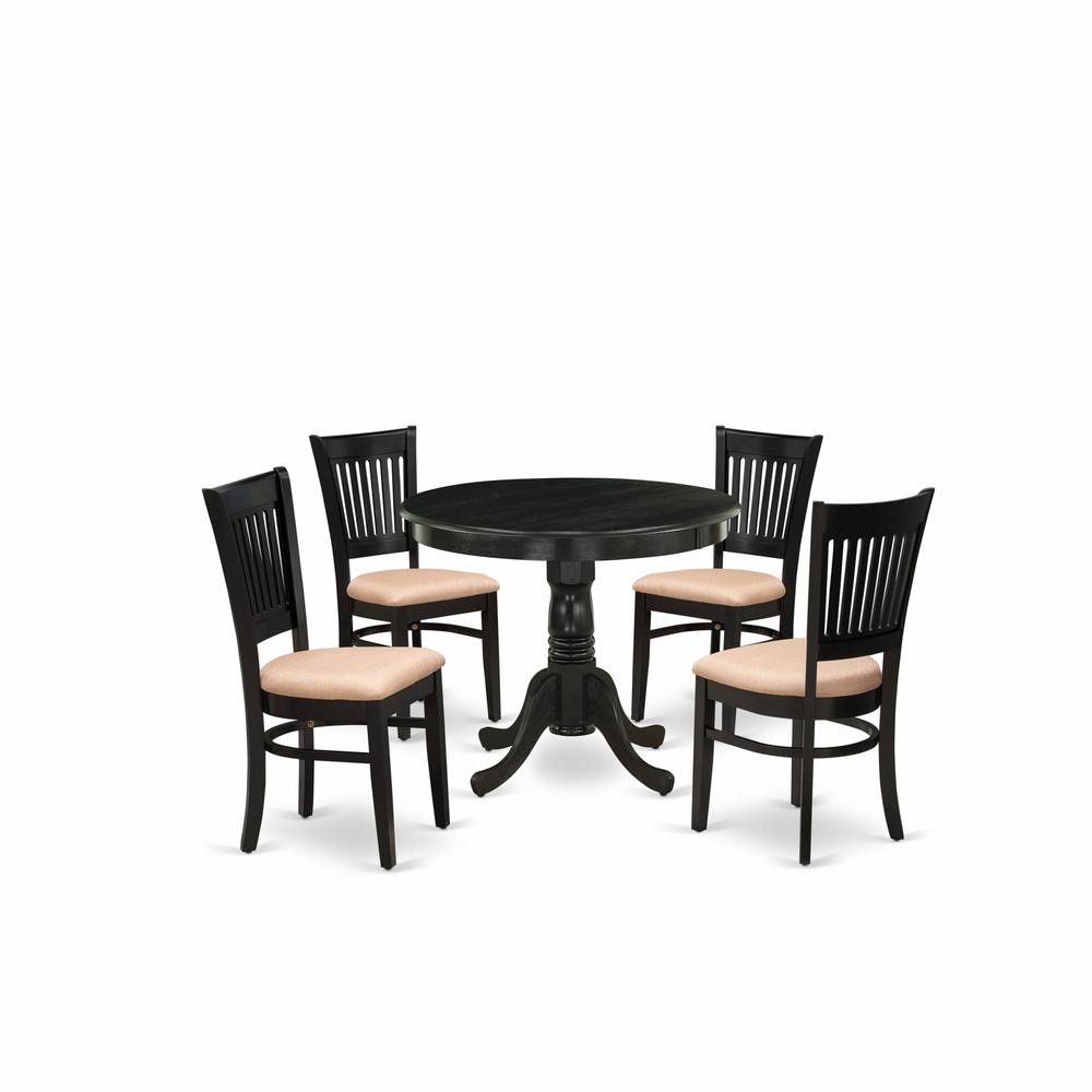 East West Furniture 5-Pc Dinette Room Set- 4 Wooden Chair and Modern dining room table - Linen Fabric Seat and Slatted Chair Back (Black Finish). Picture 1
