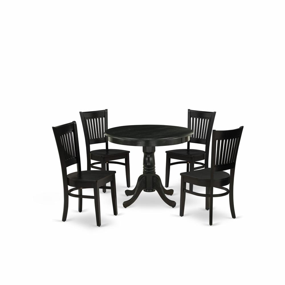 East West Furniture 5-Pc Dining Room Table Set- 4 dining room chairs and Dining Room Table - Wooden Seat and Slatted Chair Back (Black Finish). Picture 1