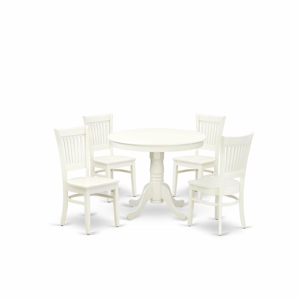 ANVA5-LWH-W - 5-Piece Kitchen Dining Set- 4 Wooden Chairs and Dining Room Table - Wooden Seat and Slatted Chair Back (Linen White Finish). Picture 1