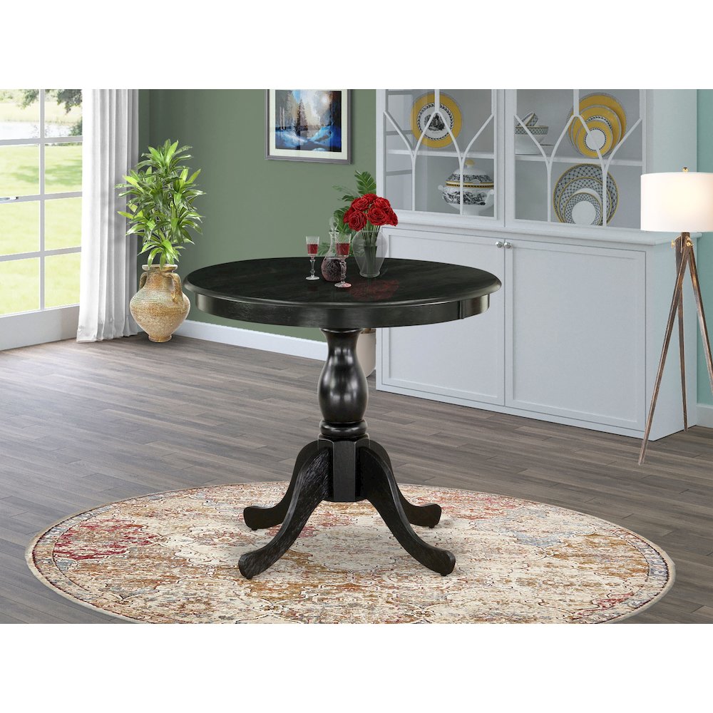East West Furniture Round Kitchen Table - Black Table Top and Black Pedestal Leg Finish. Picture 2