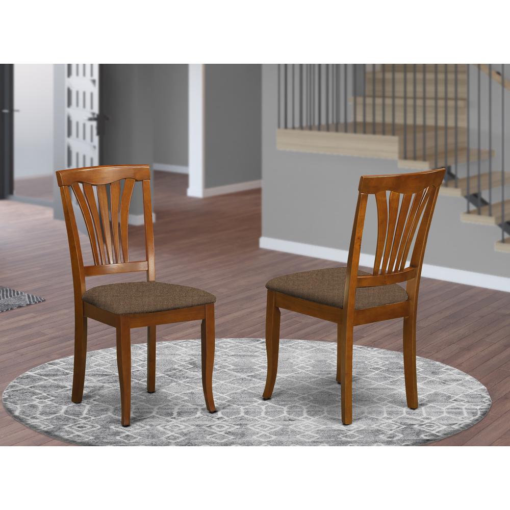 AVC-SBR-C Avon Chair for dining room with Linen Fabric Seat - Saddle Brow Finish. Picture 2