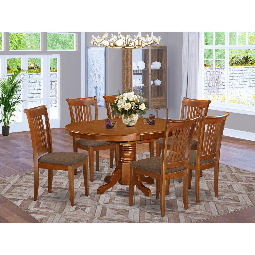 AVPO7-SBR-C 7 Pc set Avon Kitchen Table with Leaf and 6Fabric Dinette Chairs in Saddle Brown. Picture 2