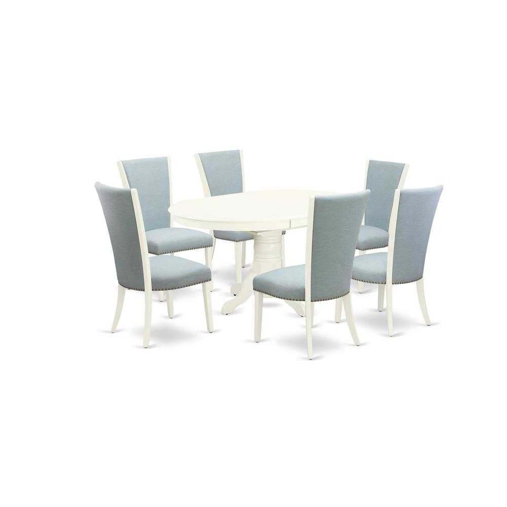 East-West Furniture AVVE7-LWH-15 - A dinette set of 6 wonderful kitchen dining chairs with Linen Fabric Baby Blue color and a wonderful 18" butterfly leaf oval dining room table with Linen White color. Picture 1
