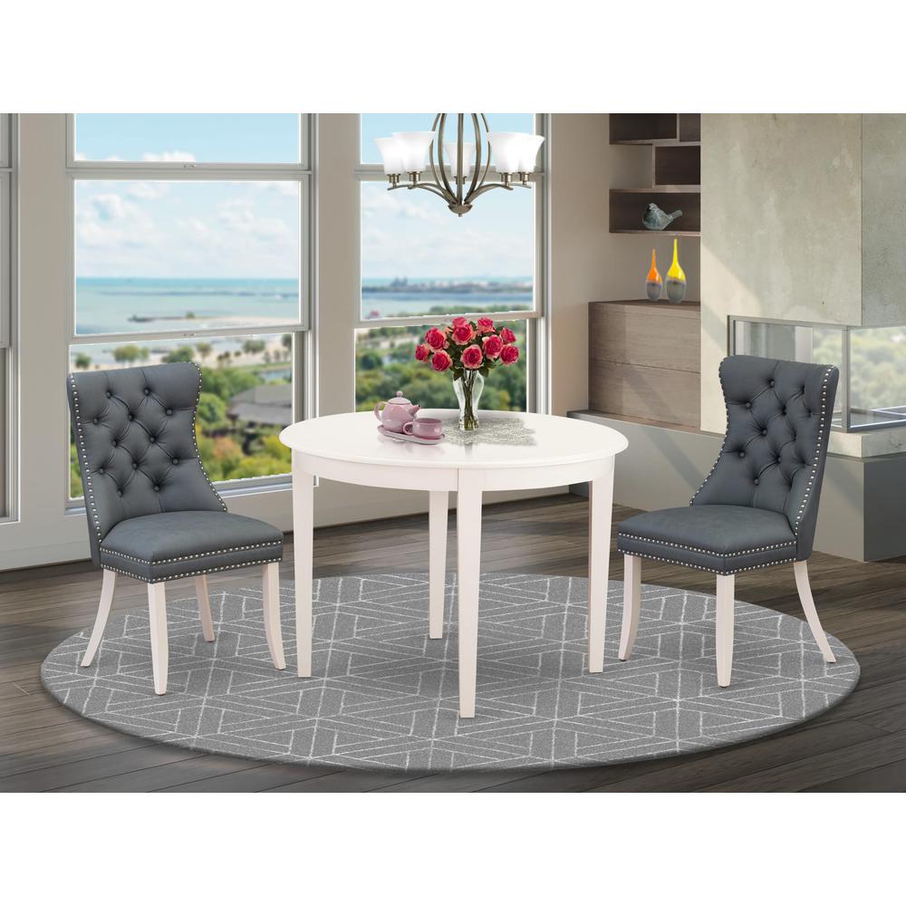 East West Furniture Boston 3 Piece Room Set Includes a Round Dining Table and 2 Upholstered Parson Chairs, 42x42 Inch, Linen White. Picture 7