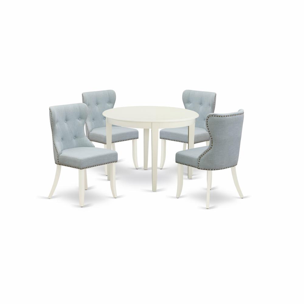 East-West Furniture BOSI5-WHI-15 - A wooden dining table set of 4 wonderful dining room chairs with Linen Fabric Baby Blue color and a gorgeous wooden dining table with Linen White color. Picture 1