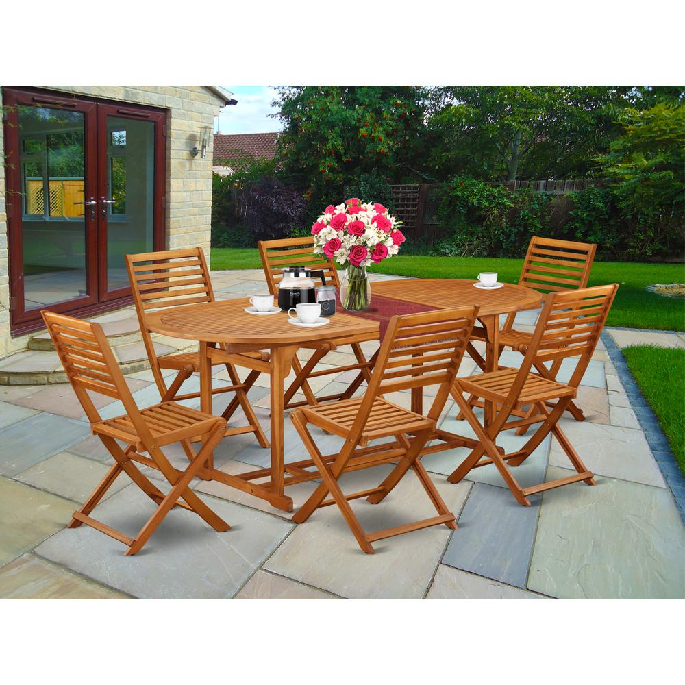 7 Piece Outdoor Patio Dining Set, Oval Acacia Wood Table and 6 Folding Side Chairs. Picture 4