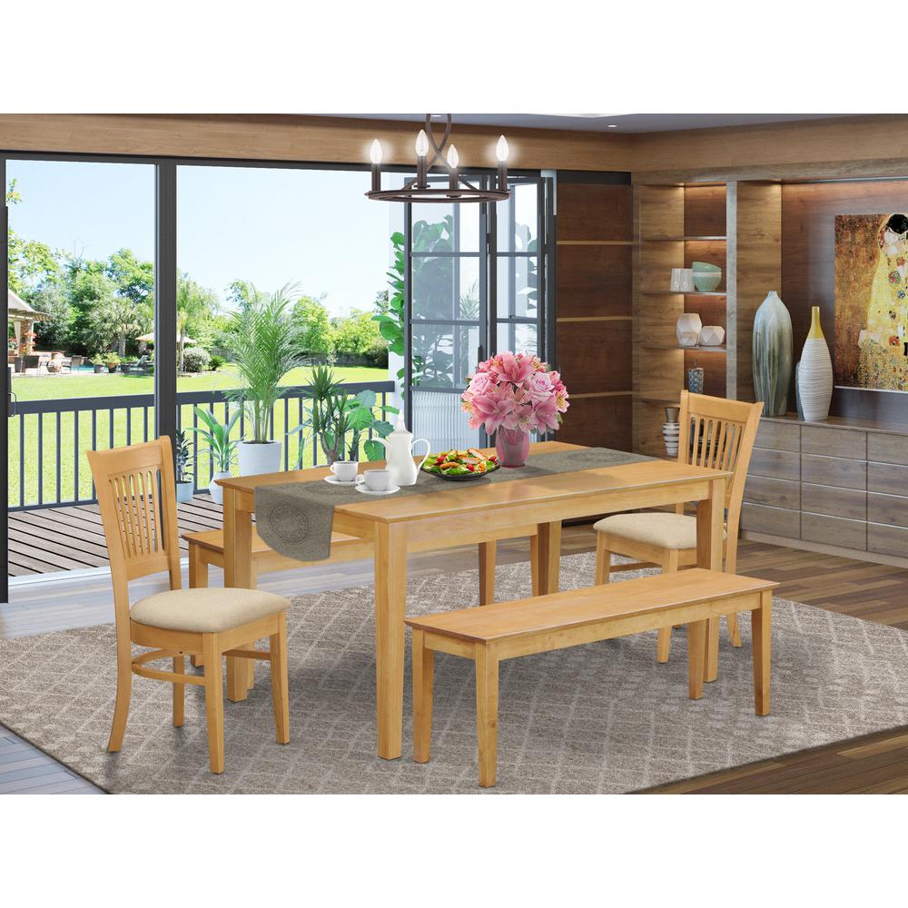CAVA5C-OAK-C 5 Pc Dining room set - small Table and 2 Dining Chairs plus 2 Wooden benches. Picture 2