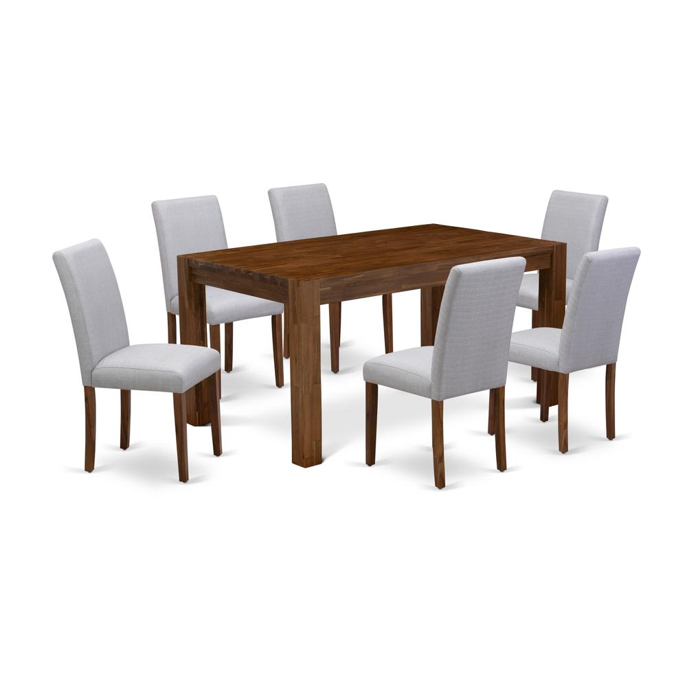 7 Piece Dining Table Set Consist of a Rectangle Rustic Wood Kitchen Table and 6 Grey Linen Fabric Upholstered Parson Chairs, 36x60 Inch, Natural Walnut. Picture 1