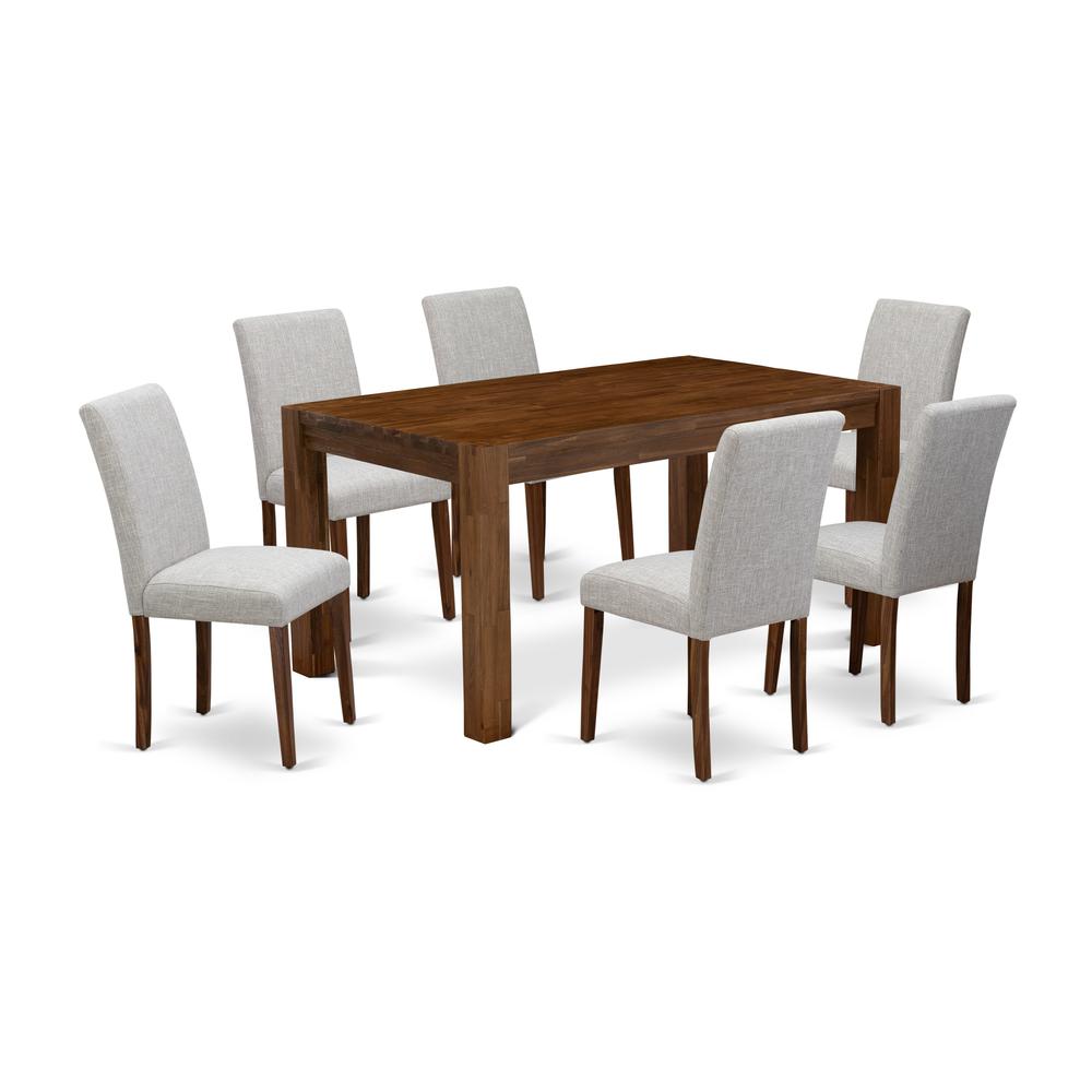 East West Furniture CNAB7-NN-35 7Pc Wood Dining Table Set Consists of a Wood Table and 6 Parsons Dining Room Chairs with Doeskin Color Linen Fabric, Medium Size Table with Full Back Chairs, Sand Blast. Picture 1