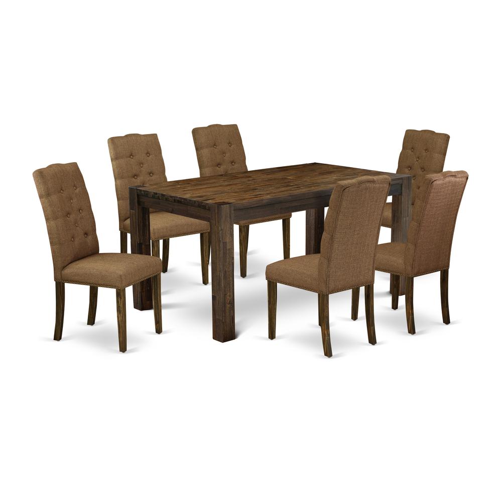 East West Furniture CNEL7-77-18 7-Piece Modern Dining Table Set- 6 Dining Room Chairs with Brown Beige Linen Fabric Seat and Button Tufted Chair Back - Rectangular Table Top & Wooden 4 Legs - Distress. Picture 1
