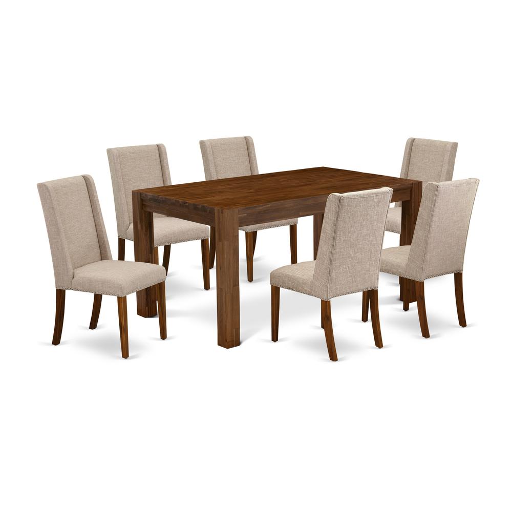 East West Furniture CNFL7-N8-04 7-Piece Dining Set- 6 Kitchen Parson Chairs with Clay Linen Fabric Seat and Stylish Chair Back - Rectangular Table Top & Wooden 4 Legs - Antique Walnut Finish. Picture 1