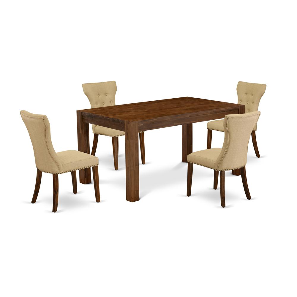 East West Furniture CNGA5-N8-03 5-Piece Dining Table Set- 4 Parson Chairs with Brown Linen Fabric Seat and Button Tufted Chair Back - Rectangular Table Top & Wooden 4 legs - Antique Walnut Finish. Picture 1