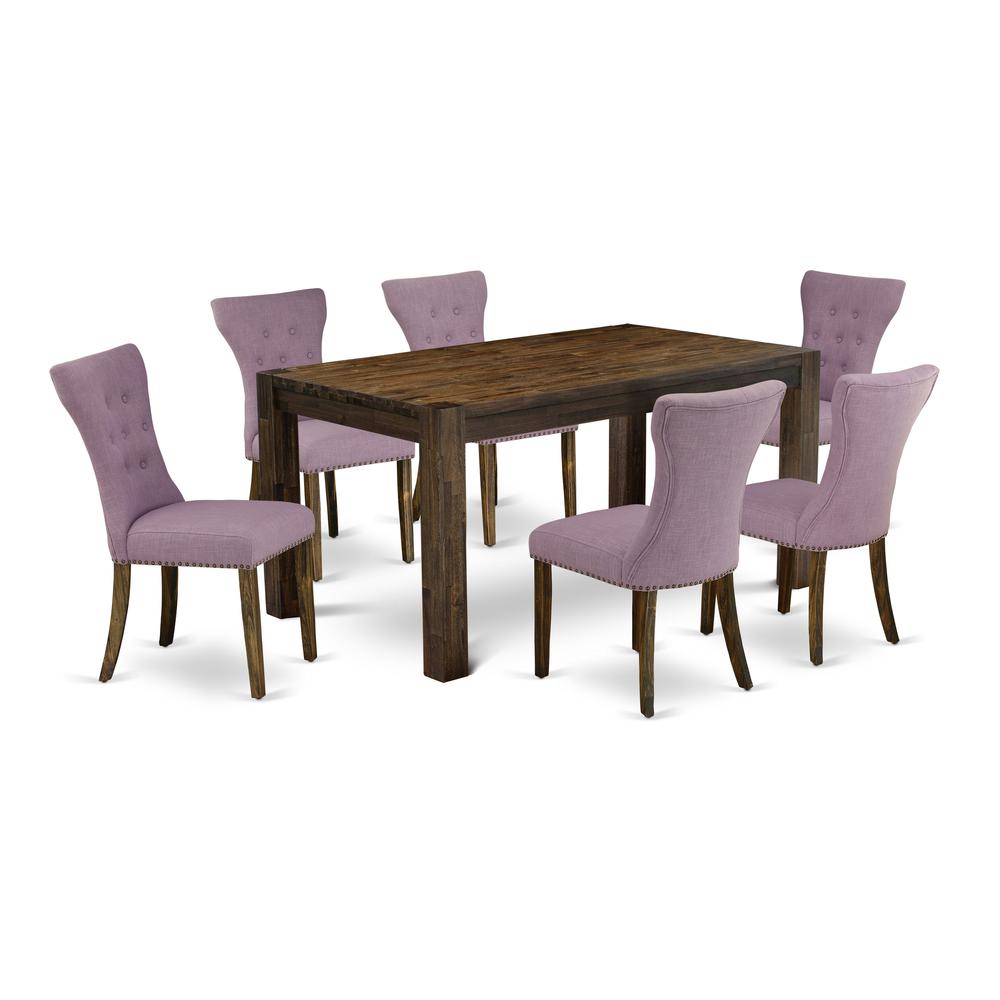 East West Furniture CNGA7-77-40 7-Pc Dining Room Table Set- 6 Kitchen Parson Chairs with Dahlia Linen Fabric Seat and Button Tufted Chair Back - Rectangular Table Top & Wooden 4 Legs - Distressed Jaco. Picture 1