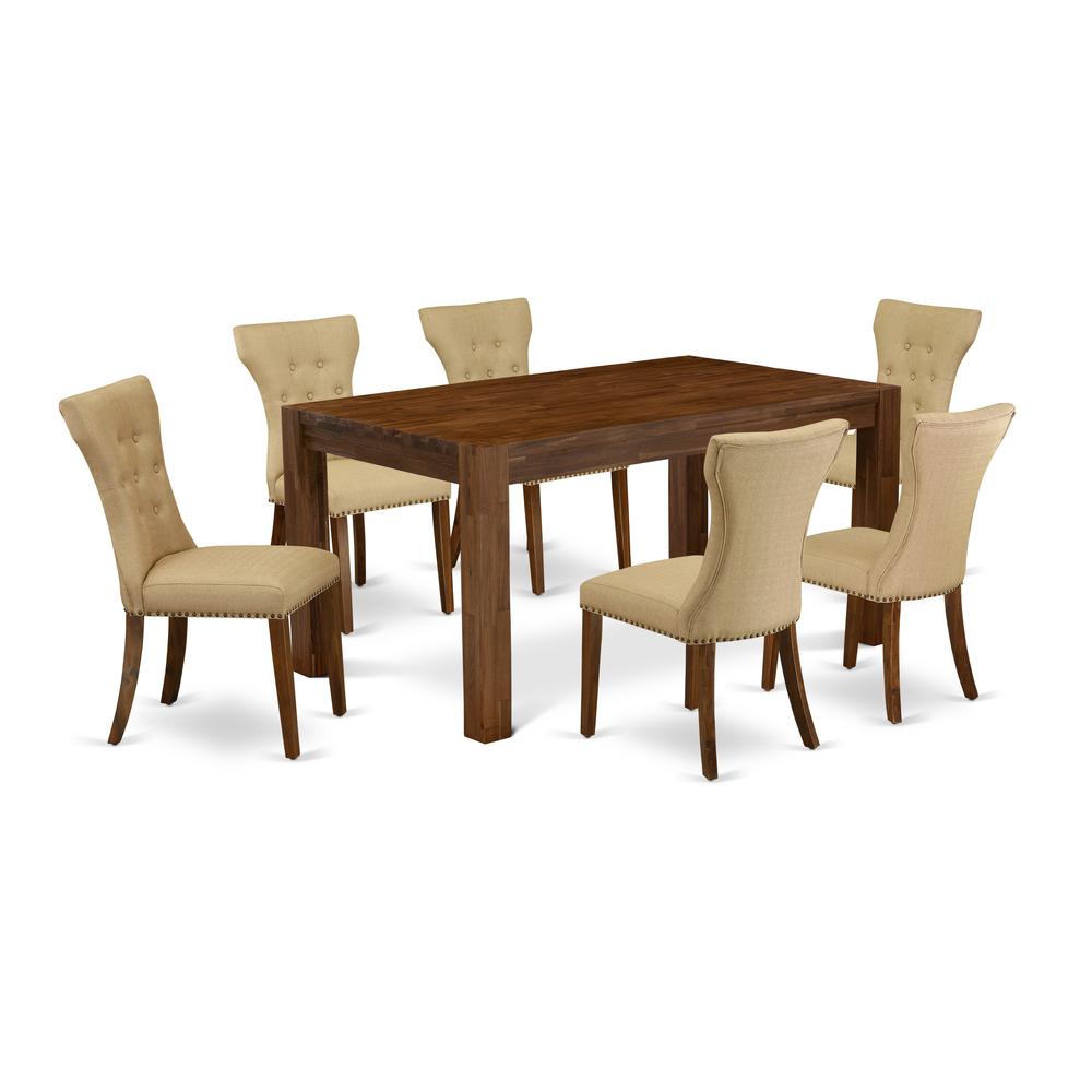 East West Furniture CNGA7-N8-03 7-Piece Dining Room Set- 6 Parson Chairs with Brown Linen Fabric Seat and Button Tufted Chair Back - Rectangular Table Top & Wooden 4 legs - Antique Walnut Finish. Picture 1