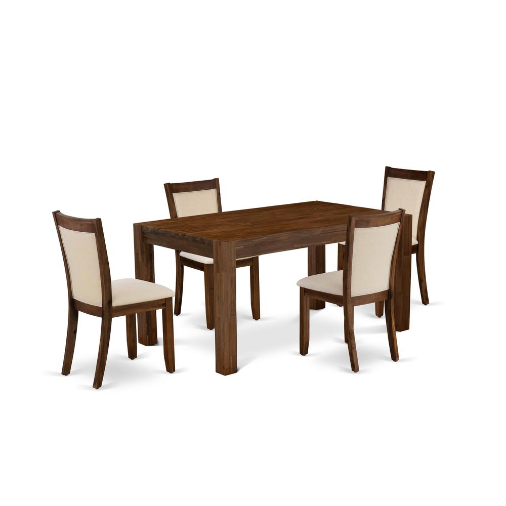 East West Furniture 5-Piece Dinner Table Set Include A Wood Table and 4 Light Beige Linen Fabric Upholstered Chairs with Stylish High Back (Sand Blasting Antique Walnut Finish). Picture 1
