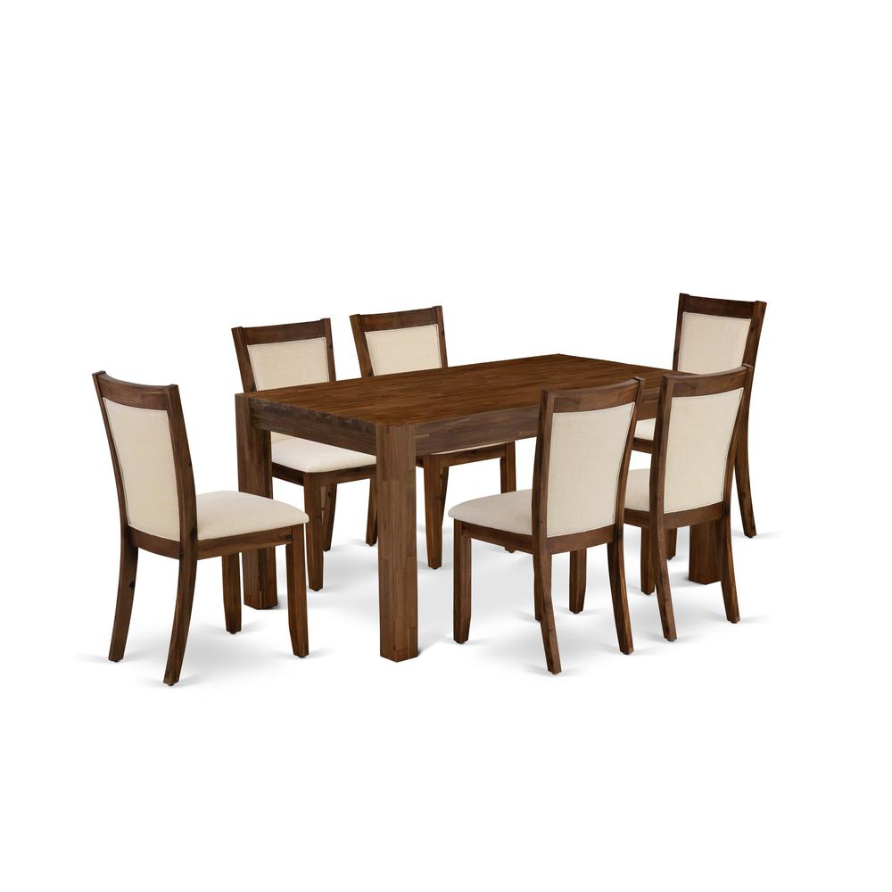 East West Furniture 7-Pcs Dining Set - A Wood Dining Table and 6 Light Beige Linen Fabric Mid Century Chairs with Stylish High Back - (Sand Blasting Antique Walnut Finish). Picture 1