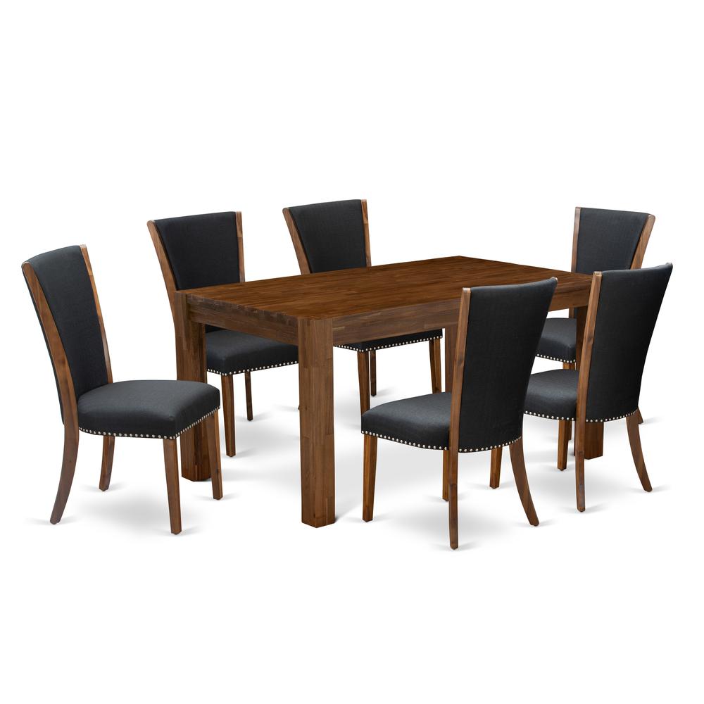 East West Furniture - CNVE7-N8-24 - 7-Pc Dining Room Table Set- 6 Kitchen Parson Chairs and Modern Kitchen Table - Black Linen Fabric Seat and High Chair Back - Antique Walnut Finish. Picture 1