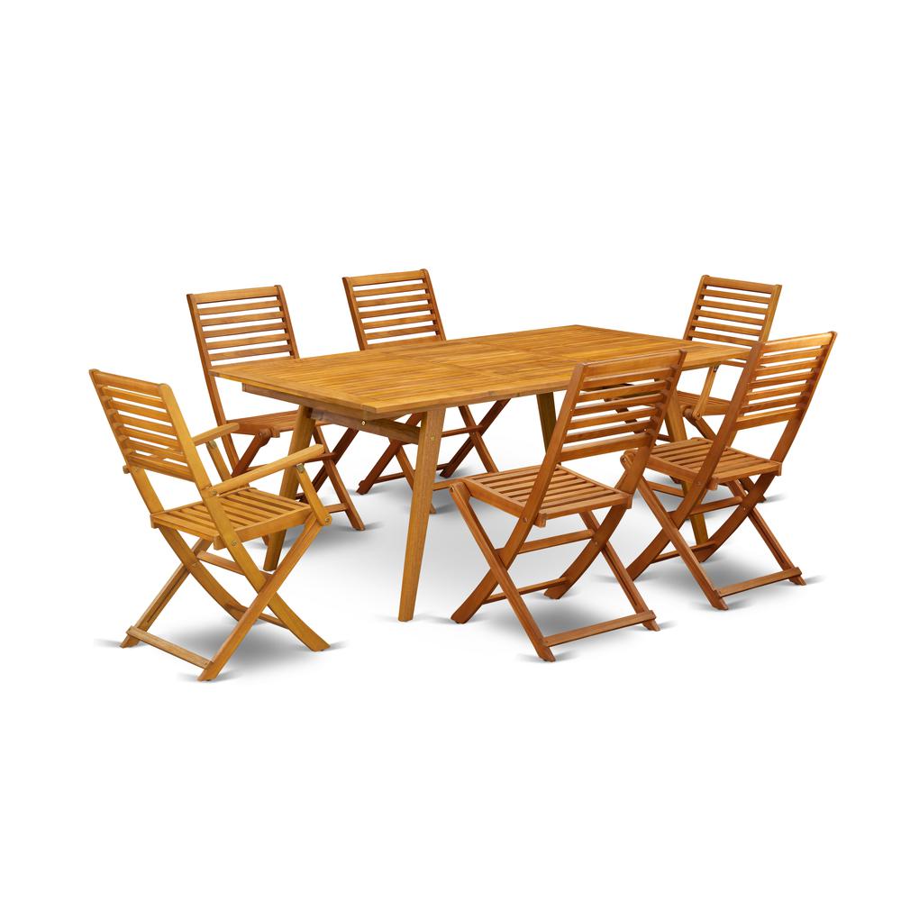 East West Furniture DEBS72CANA 7-Piece Table Set- 6 Outdoor Arm Dining Chairs with Ladder Back and Small Table and Rectangular Top with Wooden 4 legs - Natural Oil Finish. Picture 1