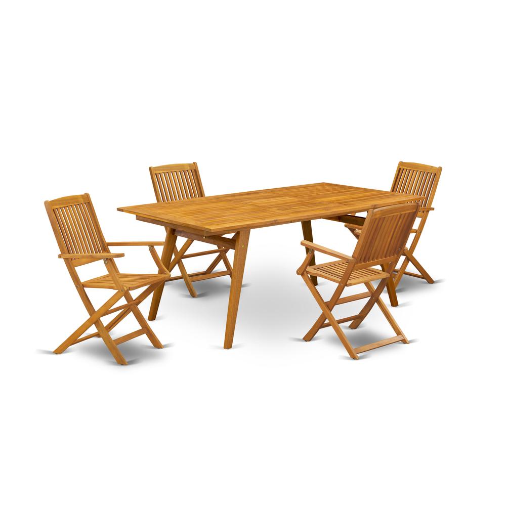 East West Furniture DECM5CANA 5-Piece Outdoor Set- 4 Outdoor Dining Chairs Slatted Back and Small Table and Rectangle Top with Wood 4 legs - Natural Oil Finish. Picture 1