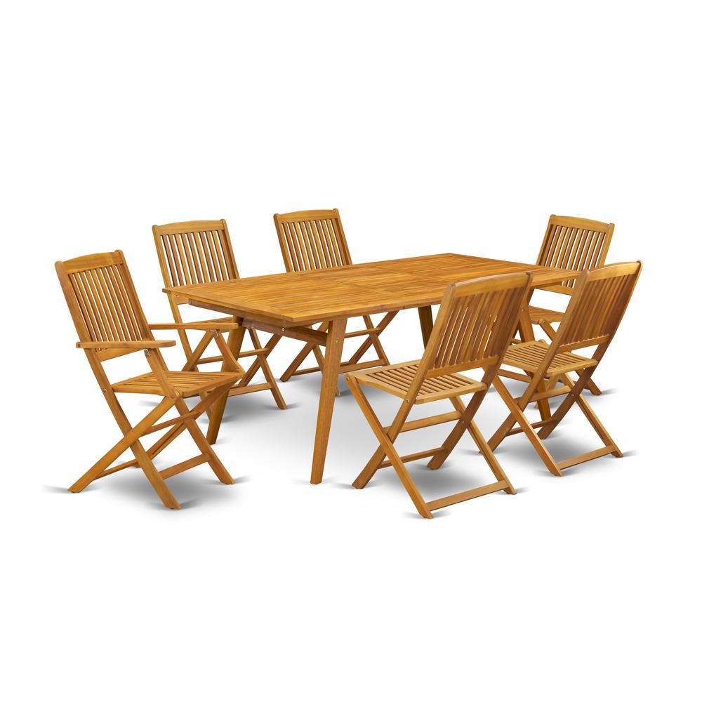 East West Furniture DECM7CWNA 7-Pc Modern Table Set- 6 Foldable Outdoor Chairs Slatted Back and Outdoor Coffee Table and Rectangular Top with Wooden 4 legs - Natural Oil Finish. Picture 1