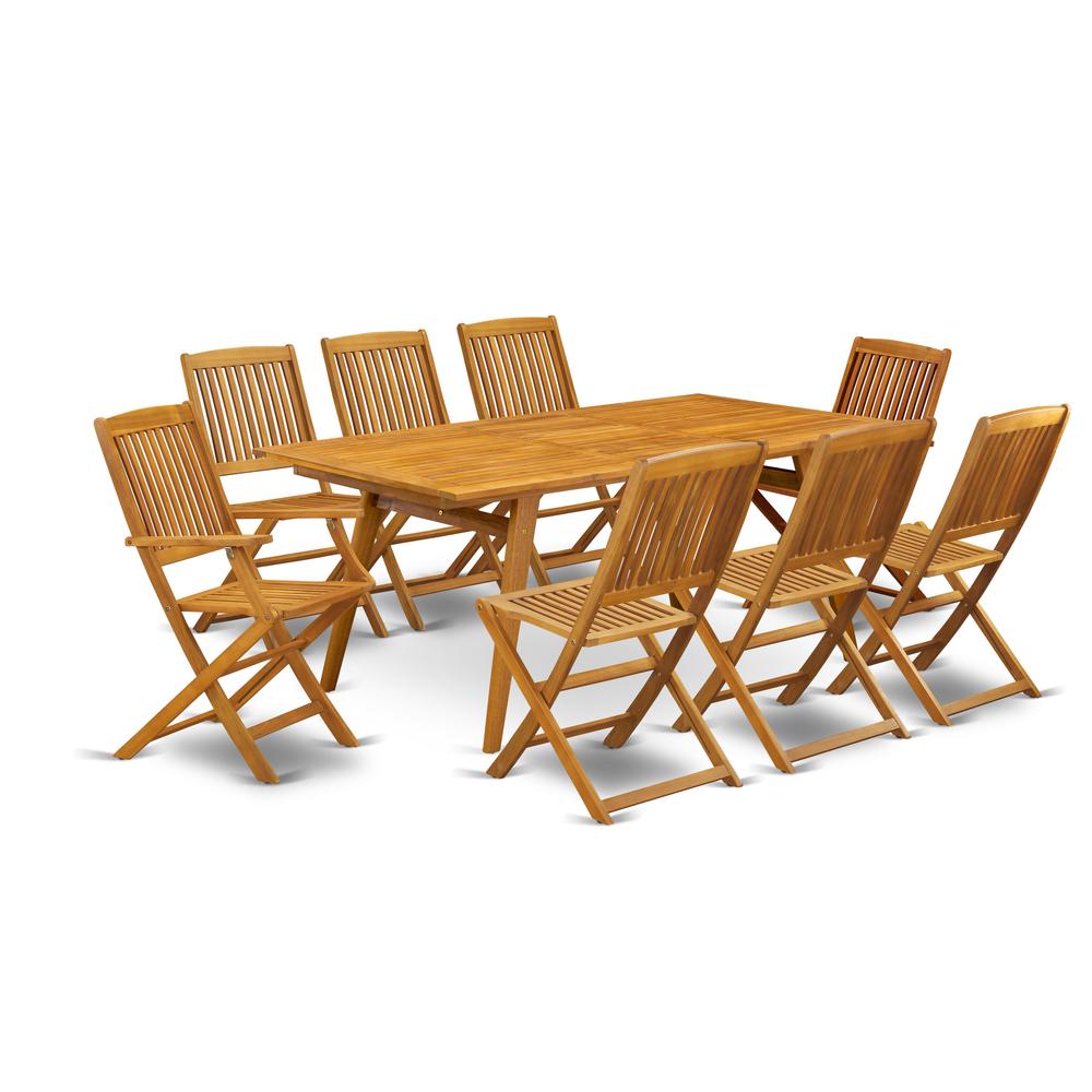 East West Furniture DECM92CANA 9-Piece Modern Table Set- 8 Arm Chairs with Slatted Back and Patio Table and Rectangular Top with Wooden 4 legs â€“ Natural Oil Finish. Picture 1