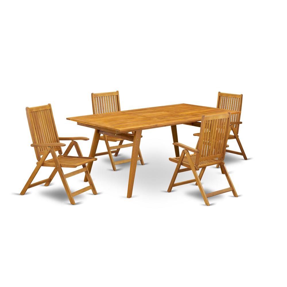 East West Furniture DECN5C5NA 5-Pc Small Patio Table Set- 4 Foldable Arm Chairs Slatted Back and Small Outdoor Table and Rectangular Top with Wood 4 legs - Natural Oil Finish. Picture 1