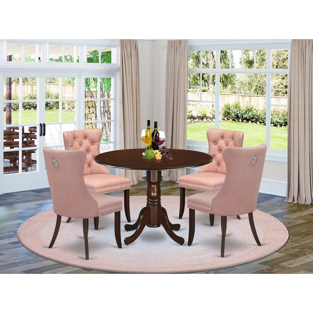 5 Piece Dining Room Set Consists of a Round Solid Wood Table with Dropleaf. Picture 2