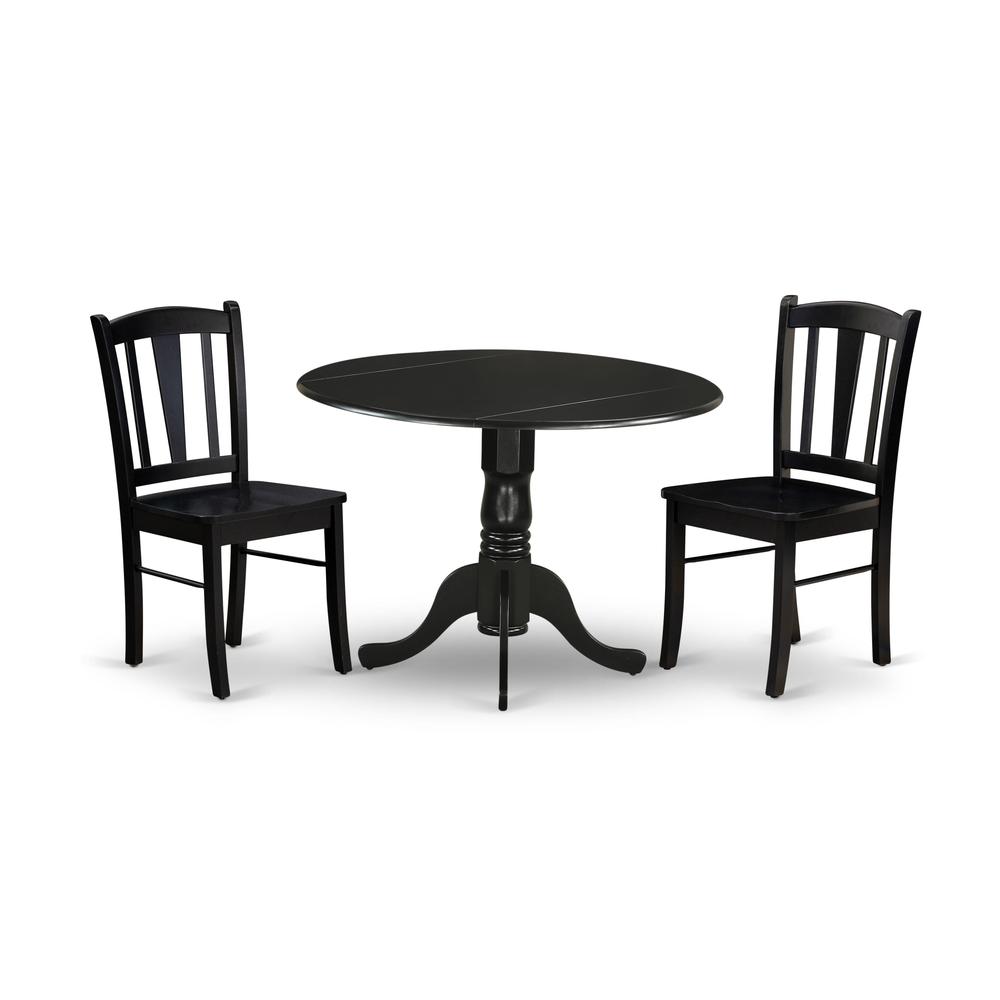 DLDL3-BLK-W - 3-Pc Dining Table Set - 2 Wood Kitchen Chairs and 1 Drops Leaf Kitchen Table - Black Finish. Picture 1