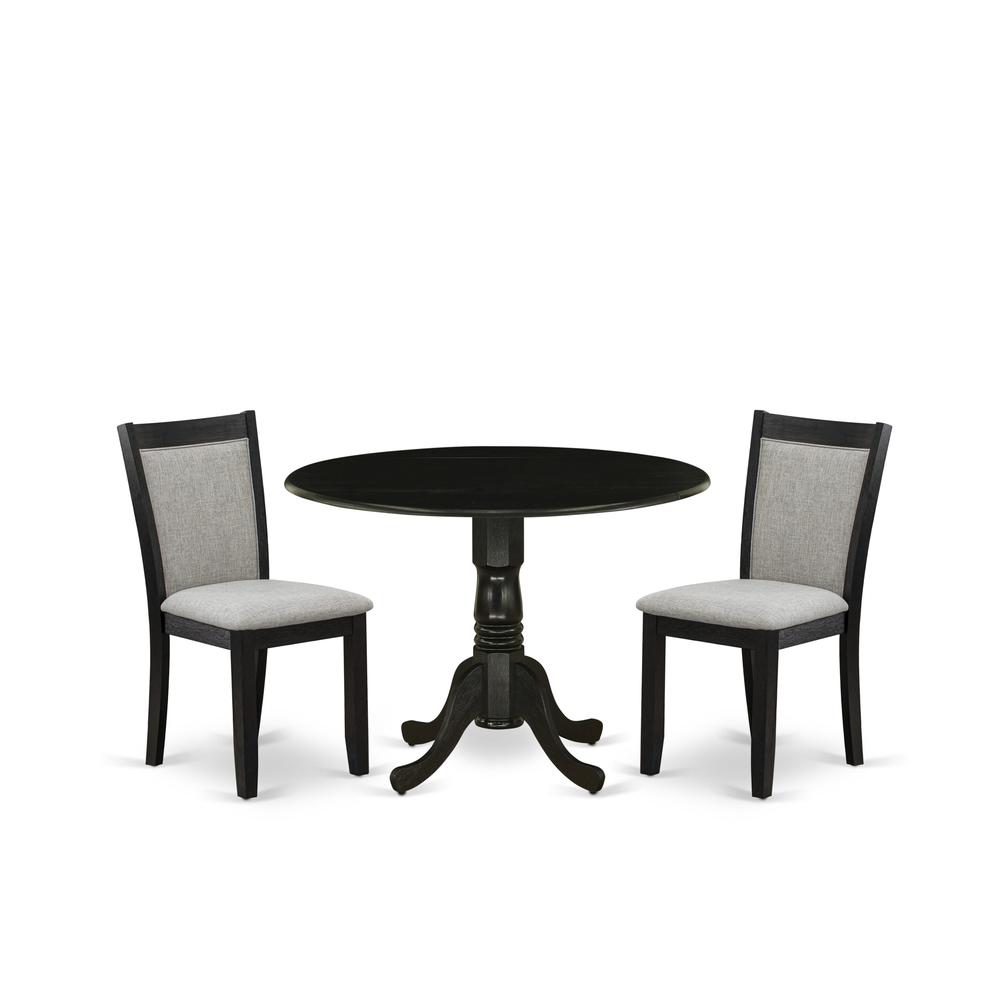 East West Furniture 3-Pc Modern Dining Table Set Consists of a Dining Room Table with Drop Leaves and 2 Shitake Linen Fabric Dining Chairs - Wire Brushed Black Finish. Picture 1