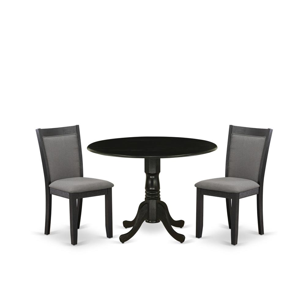 East West Furniture 3-Piece Dining Set Includes a Dining Table with Drop Leaves and 2 Dark Gotham Grey Linen Fabric Dining Chairs - Wire Brushed Black Finish. Picture 1