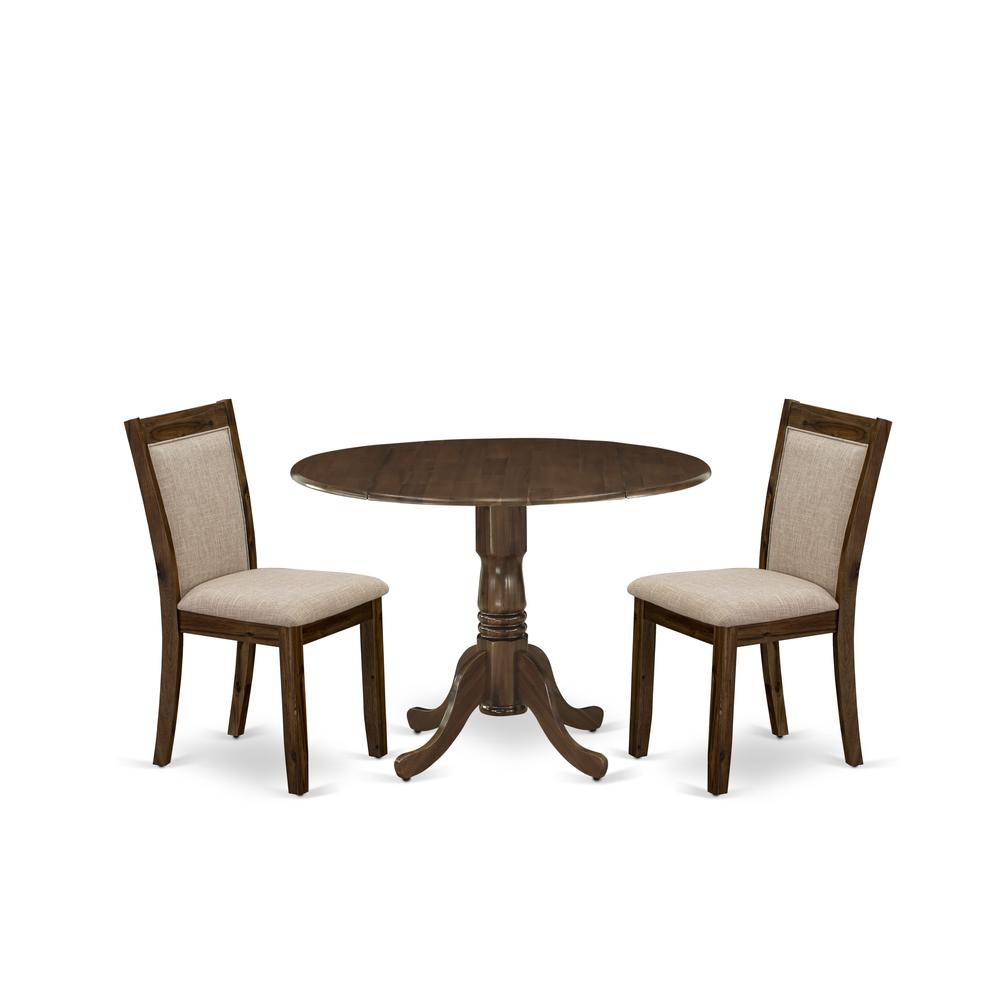East West Furniture 3-Piece Dining Room Set Consists of a Pedestal Table with Drop Leaves and 2 Light Tan Linen Fabric Dining Chairs - Sand Blasting Antique Walnut Finish. Picture 1