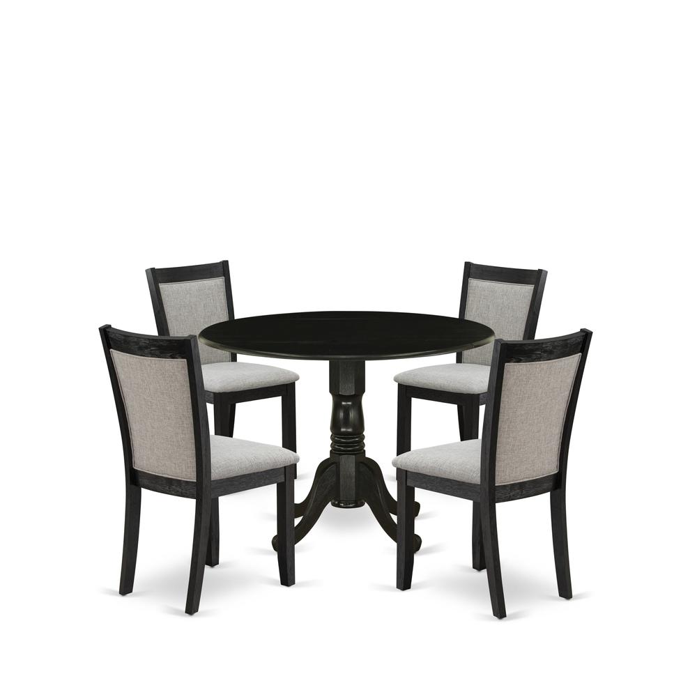East West Furniture 5-Pc Dinette Set Contains a Pedestal Table with Drop Leaves and 4 Shitake Linen Fabric Parson Dining Chairs - Wire Brushed Black Finish. Picture 1