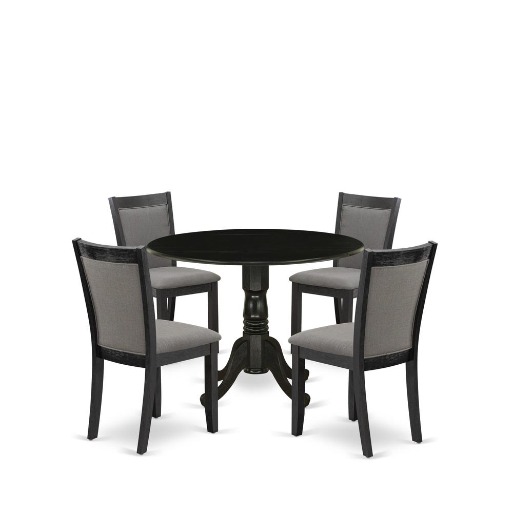East West Furniture 5-Piece Modern Dining Table Set Consists of a Dining Table with Drop Leaves and 4 Dark Gotham Grey Linen Fabric Dining Chairs - Wire Brushed Black Finish. Picture 1