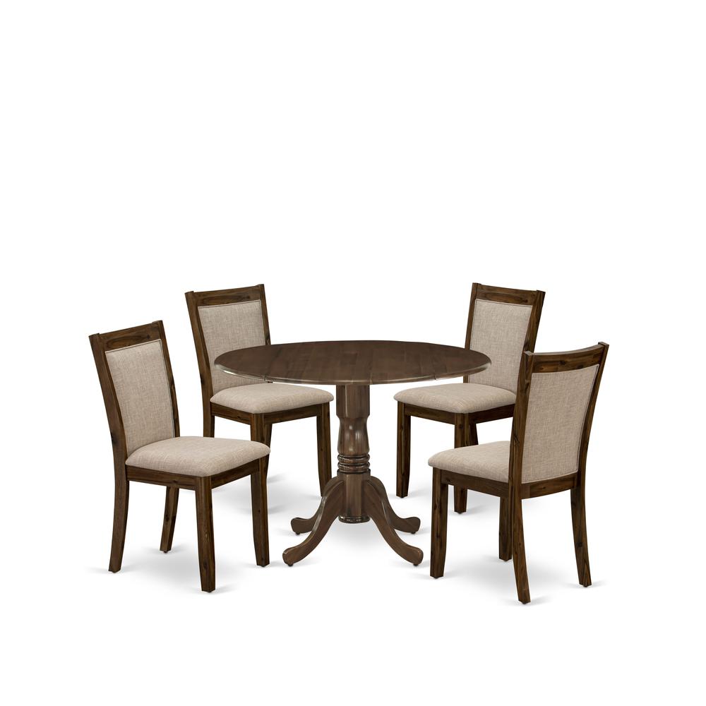 East West Furniture 5-Pc Dining Room Table Set Consists of a Wood Table with Drop Leaves and 4 Light Tan Linen Fabric Kitchen Chairs - Sand Blasting Antique Walnut Finish. Picture 1