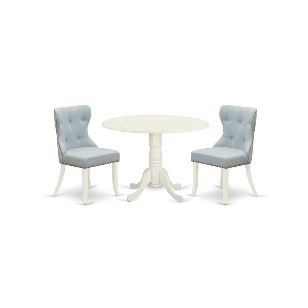 East-West Furniture DLSI3-WHI-15 - A dining table set of two fantastic dining room chairs with Linen Fabric Baby Blue color and an attractive wood table with Linen White color. Picture 1