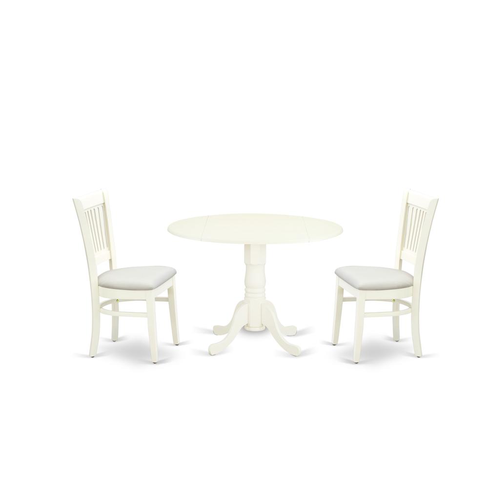 East West Furniture - DLVA3-LWH-C - 3-Piece Dinette Set- 2 Mid Century Dining Chairs with Wooden Linen Fabric and Slatted Chair Back - Drop Leaves Wooden Dining Table - Linen White Finish. Picture 1